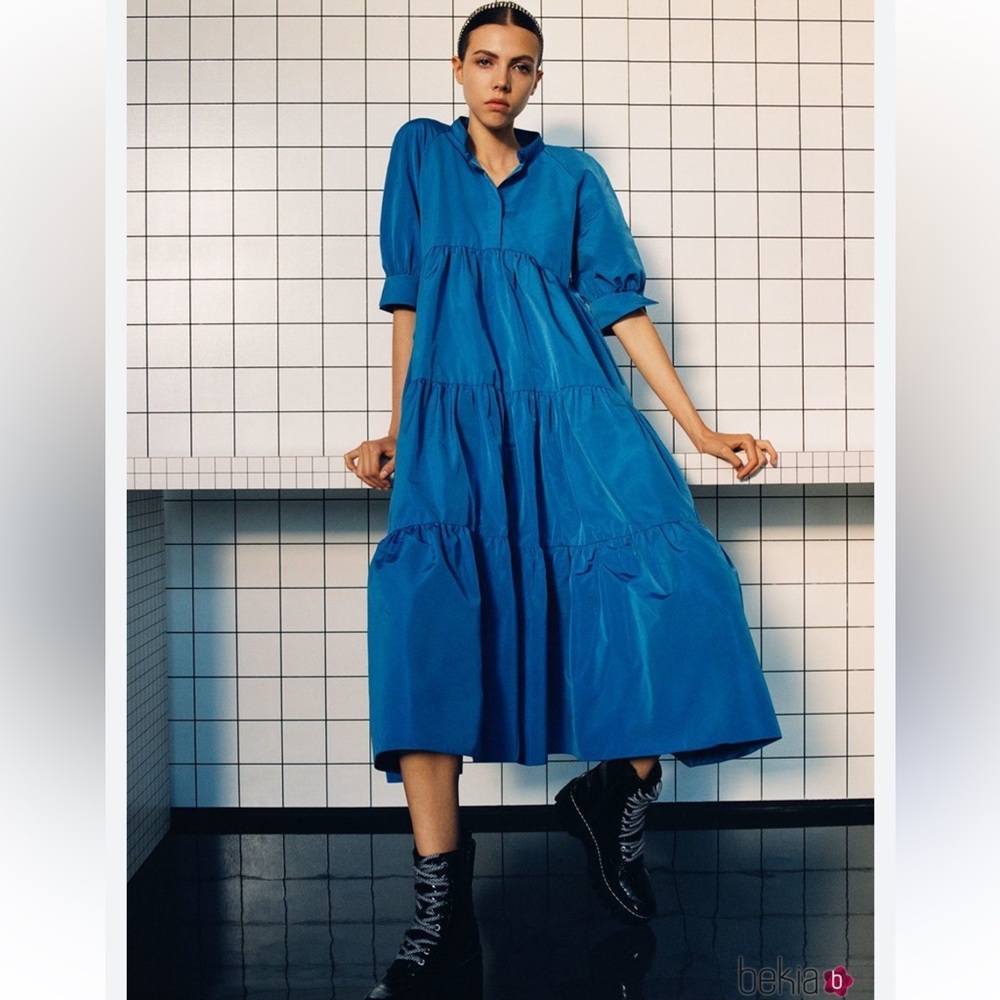 ZARA WOMENS DRESS CERULEAN BLUE HENELY SHORT SLEEVES MIDI XS